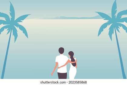 Loving couple embracing on the beach summer vector illustration. Happy valentine's day, romantic couple and lovers concept