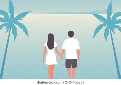 Loving couple embracing on the beach view background vector illustration. Happy valentine's day, love, honeymoon concept