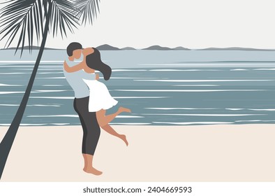 Loving couple embracing on the beach view background vector illustration. Happy valentine's day, love, honeymoon concept