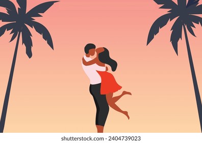 Loving couple embracing on the beach view background vector illustration. Happy valentine's day, love, honeymoon concept
