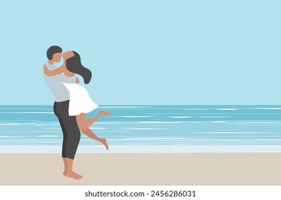 Loving couple embracing on the beach view background vector illustration. Happy valentine's day, love, honeymoon concept