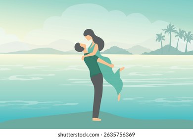 Loving couple embracing on the beach view background vector illustration. Happy valentine's day, love, honeymoon concept