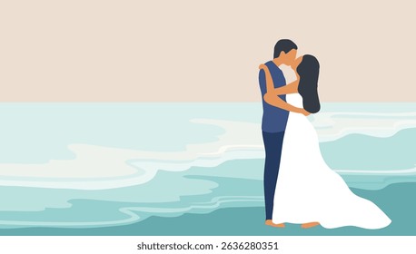 Loving couple embracing on the beach view background vector illustration. Happy valentine's day, love, honeymoon concept