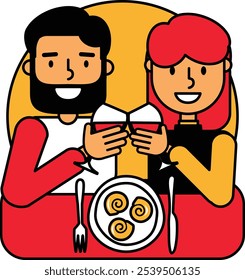 Una pareja cariñosa disfrutando de una cena romántica en un restaurante, bebiendo vino y comiendo suculentos caracoles ilustración de dibujos animados de Vector. Sentimiento animado y festivo, la alegría y la emoción de la cita