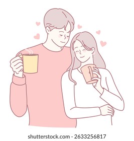 Um casal amoroso gosta de compartilhar um momento acolhedor junto com café, rodeado por corações encantadores e alegria