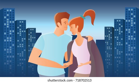 Loving couple in the evening city. Young man and woman on the background of tall buildings with glowing windows. The guy gave the girl his jacket. Vector illustration.