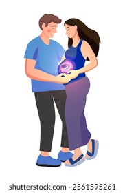 a loving couple is expecting a child.
a man lovingly hugs a pregnant woman. parenthood, expecting a baby, space and pregnancy concept. a woman has a new world in her belly