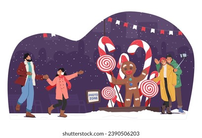Loving Couple, Father with Daughter Characters At Christmas Fair Photo Zone with Gingerbread Man, Lollipops And Candy Cane Decorations, Capturing Holiday Joy And Memories. Cartoon Vector Illustration
