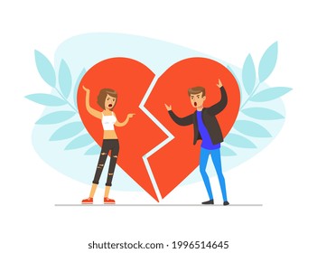 Loving Couple Fighting and Arguing against Broken Heart, Conflict Between Husband and Wife, Divorce, Human Relations, Family Quarrel Vector Illustration