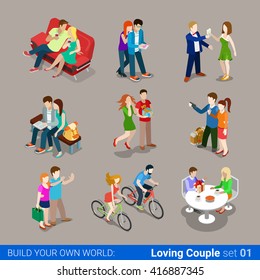 Loving couple flat 3d isometric web infographic concept vector icon set. Sofa restaurant cafe gift cycling sightseeing travel selfie. Creative people collection.