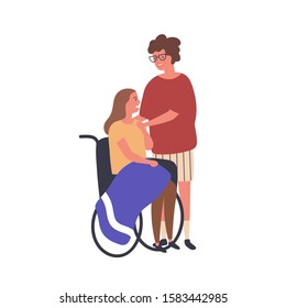 Loving couple flat vector illustration. Girl with disability in wheelchair and boy, young husband and wife. Relationship, love, tenderness, care concept. Disabled woman and man cartoon character