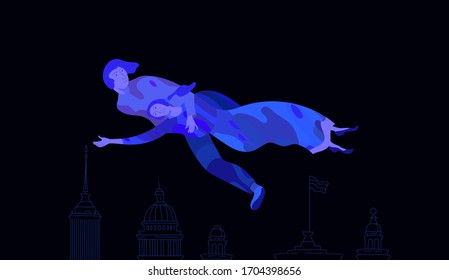 Loving couple flies over Saint Petersburg.Vector illustration
