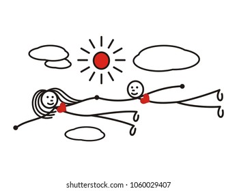 A loving couple in flight among the clouds. Man and woman, boy and girl. Red hearts. The metaphorical cartoon figure. Love. Vector graphics.