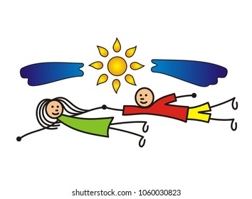 A loving couple in flight among the clouds. Man and woman, boy, girl. Red hearts. The metaphorical cartoon picture. Love. Vector graphics.