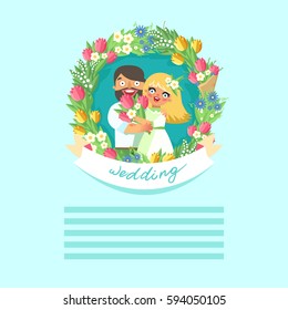 Loving couple in floral wreath. Happy hugging young man and woman in rounded floral frame with Wedding ribbon. Vector colorful template for wedding invitation or greeting card 