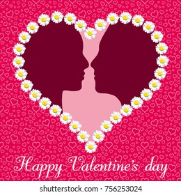 A loving couple in a flower heart.
A card for Valentine's Day in a girly and springtime atmosphere. An illustration in pink tones, consisting of silhouette of a man and a woman, daisy and hearts.