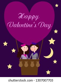 Loving couple flying in a balloon. Vector illustration
