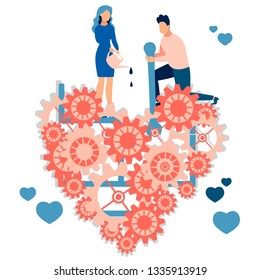 A loving couple, the former repairing a broken heart. Work for family relationships. In minimalist style. Cartoon flat Vector Illustration