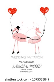 A loving couple of funny flamingos holding red hearts balloon. The concept of love. Wedding invitation. Valentine's Day
