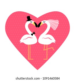 A loving couple of funny flamingos are kissing. The concept of love, suitable for weddings, valentines, cards, invitations, marry me. flat vector illustration isolated on white background