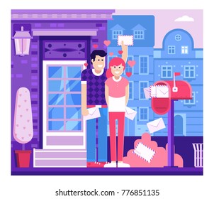 Loving couple getting mail from mailbox full of envelopes. Man and woman receiving letters near opened postbox. City postal service and check correspondence on valentine day concept illustration.