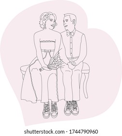 loving couple girl and boy at their wedding. A girl in a wedding dress with a bouquet of flowers. The concept of love and family values. Vector illustration.