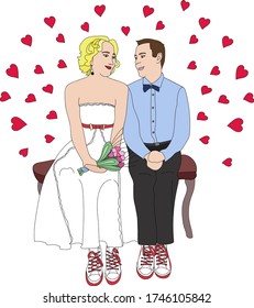 loving couple girl and boy at their wedding. A girl in a wedding dress with a bouquet of flowers. Hearts and love. The concept of love and family values. Vector illustration