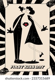 Loving couple in Groovy style. Сartoon style. Retro people characters. First kiss day.