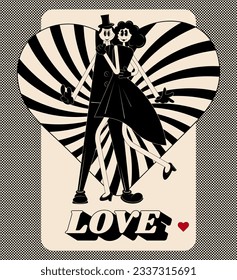 Loving couple in Groovy style. Сartoon style. Retro people characters. First kiss day.
