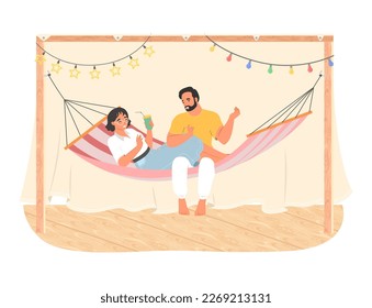 Loving couple in hammock vector. Young man and woman romantic dating illustration. Travel vacation on holiday, love relationships and honeymoon concept