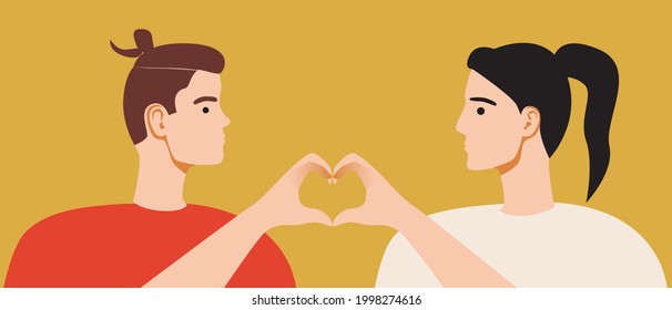 A loving couple, hands with a heart. Flat vector stock illustration. A man and a woman love. Significant other. Finger heart for February 14th. Vector graphics