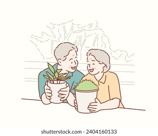 Loving couple have fun in gardening. Hand drawn style vector design illustrations.