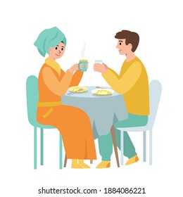A loving couple is having breakfast. A young woman in a robe, a man in home clothes are sitting at the table. Home routine concept. Flat vector illustration.

