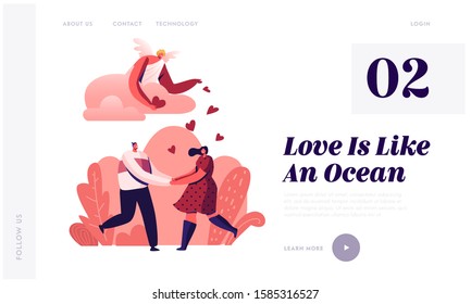 Loving Couple Having Dating Website Landing Page. Young Man and Woman Holding Hands Looking on Each Other with Love Dancing under Cupid Throw Hearts Web Page Banner. Cartoon Flat Vector Illustration