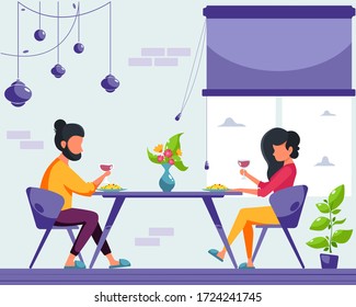 Loving couple having dinner at home. Stay home concept. Modern interior. Vector illustration in a flat style.