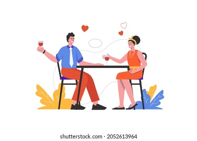 Loving couple having dinner in restaurant on romantic date. Man and woman drinking wine while sitting at table, people scene isolated. Relationship concept. Vector illustration in flat minimal design