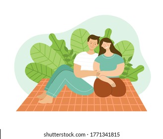 Loving couple having picnic in park. man and woman sitting on plaid blanket and smiling. Concept of relaxing on a weekend in spring or summer. A family couple, husband and wife. Flat color vector illustration.