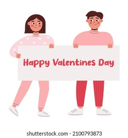 Loving couple holding banner with inscription Valentines Day. Vector illustration in flat style
