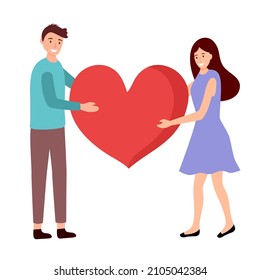 Loving couple holding big red heart in flat design on white background. Happy Valentine’s Day concept.