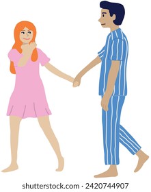 
Loving couple holding hands invitingly. They walked together somewhere, doing something romantic and intimate. A vector illustration of a couple doing activities together.