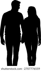 Pareja amorosa que se toma de la mano, mirándose, silueta
