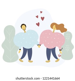 Loving couple holding hands. Valentine's day flat illustration. Romantic girl and boy. Lovers walking