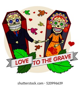 A loving couple holding hands while lying in coffins. Vector flat and linear Illustration of skeleton. Web banners, advertisements, brochures, business templates. Isolated on a white background.