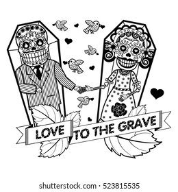 A loving couple holding hands while lying in coffins. Vector flat and linear Illustration of skeleton. Web banners, advertisements, brochures, business templates. Isolated on a white background.