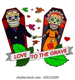 A loving couple holding hands while lying in coffins. Vector flat and linear Illustration of skeleton. Web banners, advertisements, brochures, business templates. Isolated on a white background.