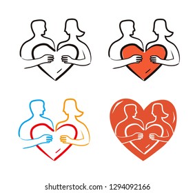 Loving couple holding a heart icon.
Set of icons with couple holding heart symbol,line art stylized.Isolated on white background. Vector available.