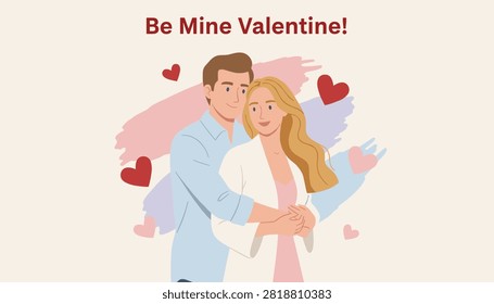 Loving couple hugging affectionately surrounded by red and pink hearts for Valentine Day celebration greeting.