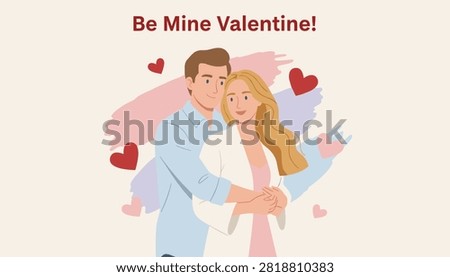 Loving couple hugging affectionately surrounded by red and pink hearts for Valentine Day celebration greeting.