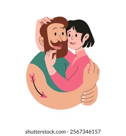 Loving Couple hugging. Bearded man with tattoo and woman with short dark hair. Valentines day romantic vector flat illustration. Tender embrace of loving couple. Feelings and relationships.