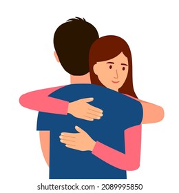 Loving couple hugging character in flat design on white background. Romantic lover.